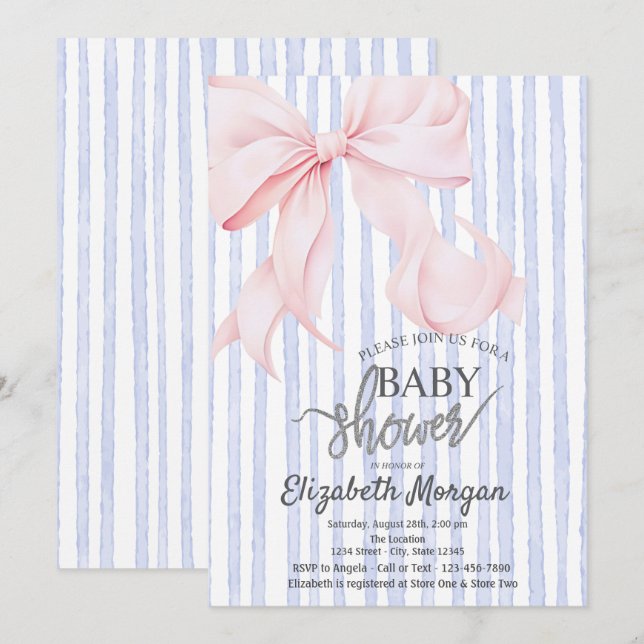 Stilfull rosa rosett randig blå baby shower inbjudningar (Fram/baksida)