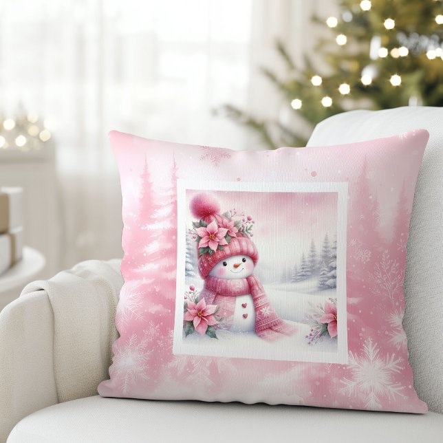 Stilfull rosa snöman vinter scen barn present kudd kudde (Stylish Pink Snowman Winter Scene Kids Gift Pillow

)