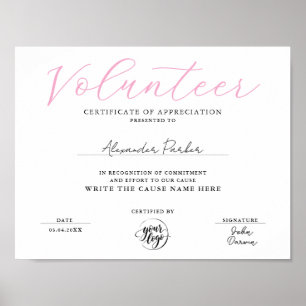 Stilfull rosa volontärbevis om uppskattning poster