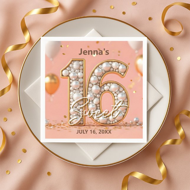 Stilfull rosablommig pärlguld Sweet 16 födelsedag  Pappersservett (Skapare uppladdad)