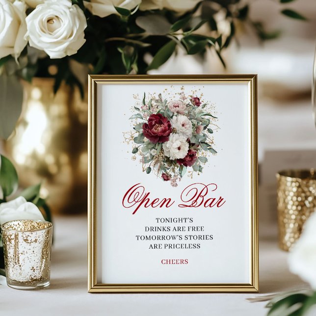 Stilfull rosaburgunder öppen bar bordsskylt poster (Stylish Blush Burgundy Open Bar Tabletop Sign)