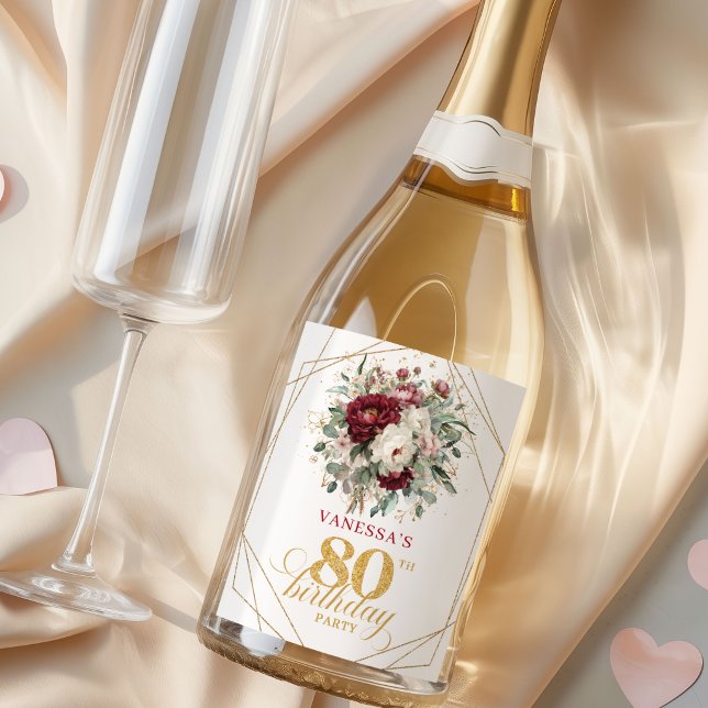 Stilfull rosé burgunder 80-års champagne (Stylish Blush Burgundy 80th Birthday Champagne Labels)