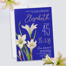 Stilfull Royal Blå Vit Lilja Blomma Kvinna Födelse Inbjudningar