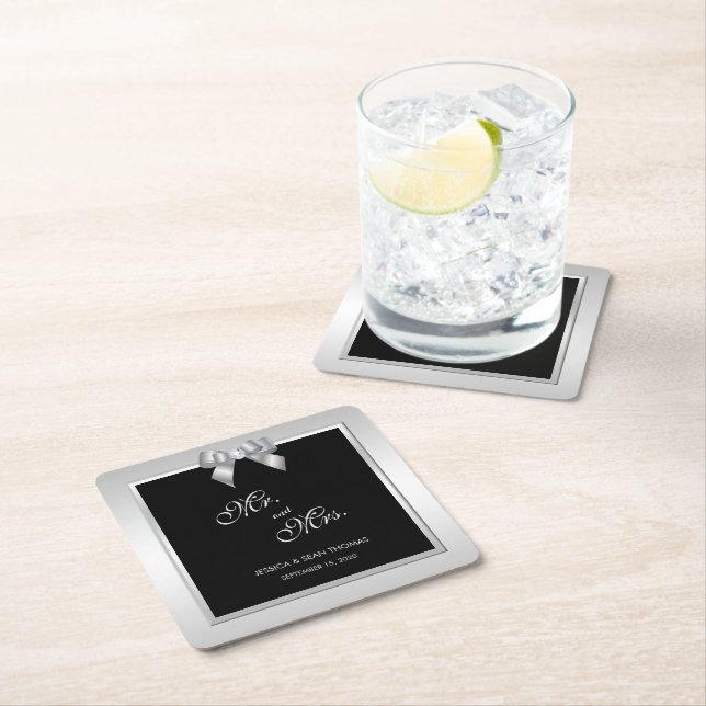 Stilfull silver ädelstensbåge och svart bröllop underlägg papper kvadrat (Insitu)