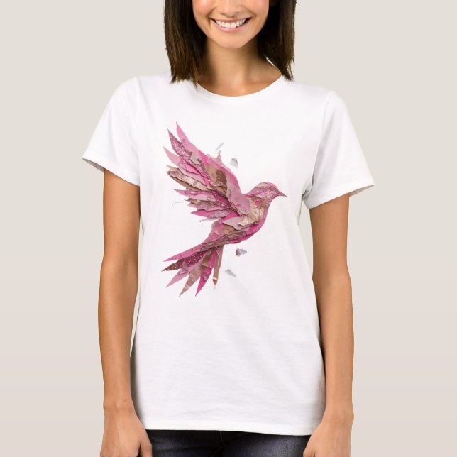 Stilfull silver ROSA FÅGEL tryck T Shirt (Framsida)