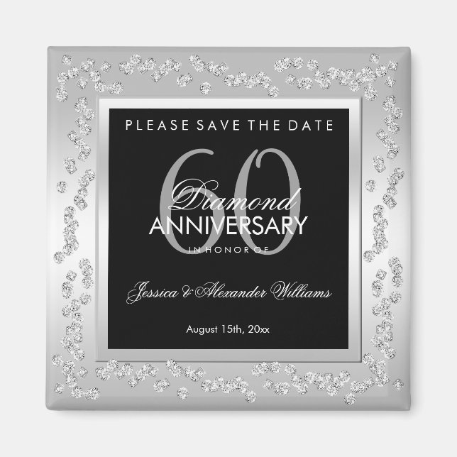 Stilfull silverdiamanter 60-års bröllopsjubileum magnet (Framsidan)