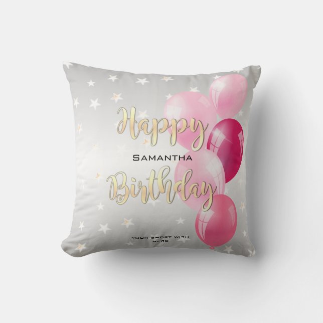Stilfull Stjärnig Glad Födelsedag och Rosa Ballong Kudde (Framsida)