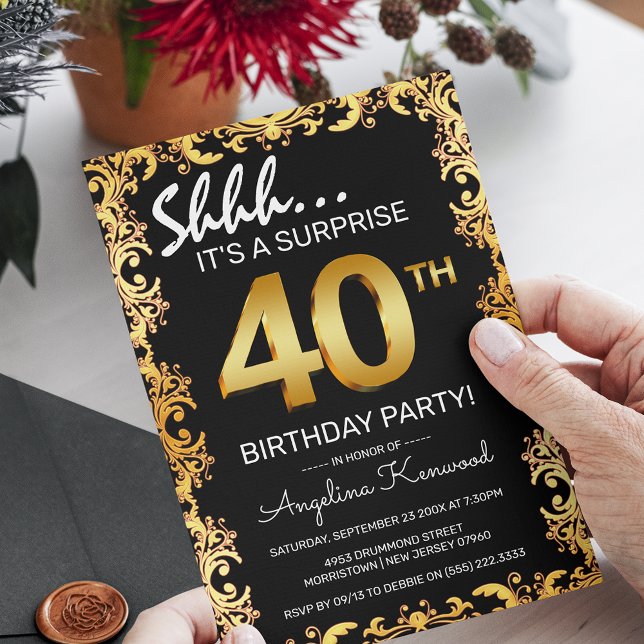 Stilfull svart & guld 40-års överraskningsfest inbjudningar (Skapare uppladdad)