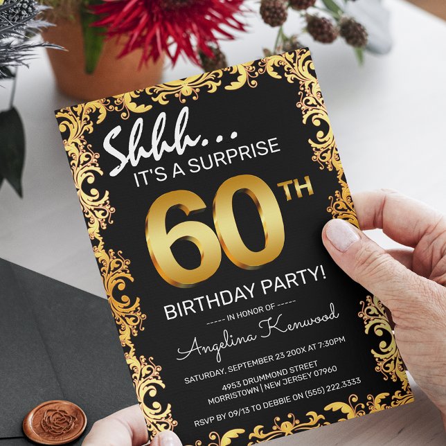 Stilfull svart och guld 60-års överraskningsfest inbjudningar (Skapare uppladdad)