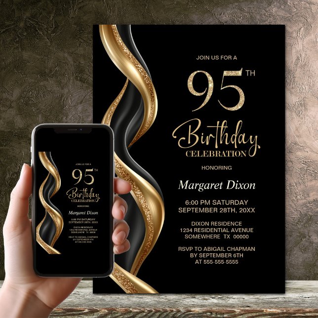 Stilfull svart och guld 95-årsfest inbjudningar (Skapare uppladdad)
