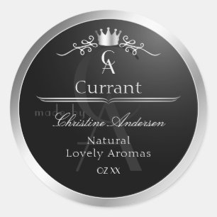Stilfull svart produktetikett silver ram monogram runt klistermärke