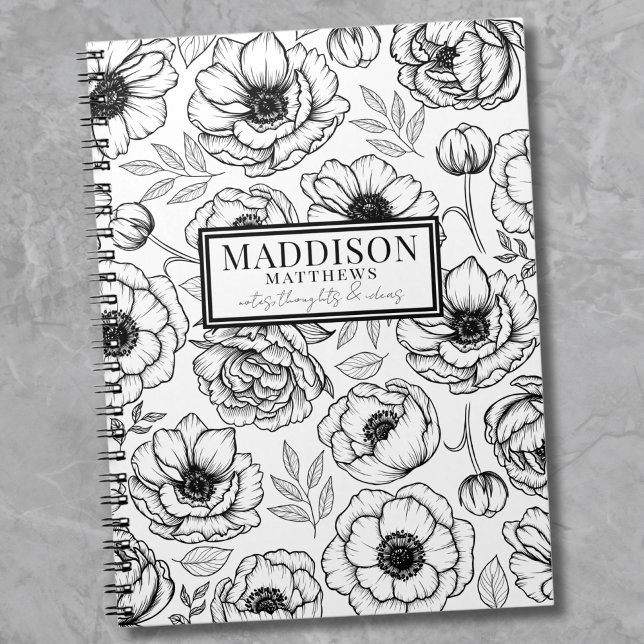 Stilfull svart vit blommig personlig namn anteckningsbok (Stylish Black White Personalized Name notebook)