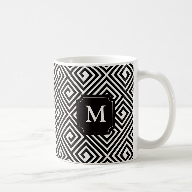 Stilfull svart & vit grekisk nyckel Mönogram Kaffemugg (Höger)