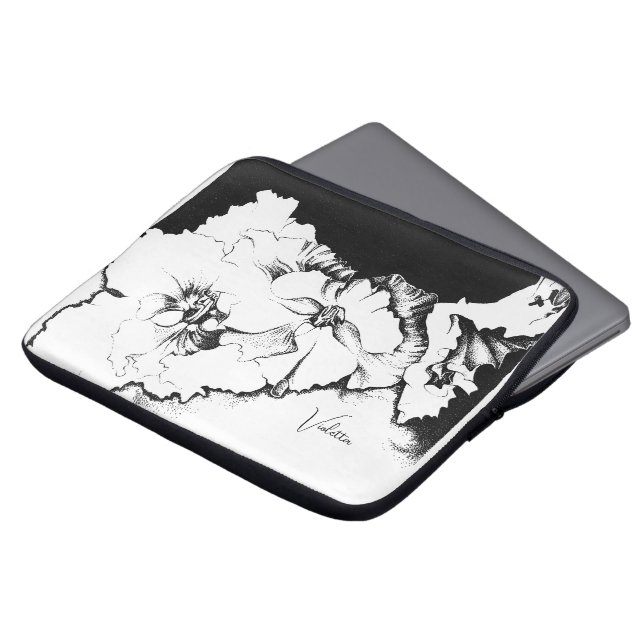 Stilfull svart-vit originell Stipple Art Blommig Laptop Fodral (Framsida topp)