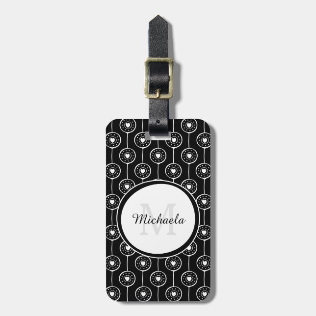Stilfull svartvit hjärtaMonogram med namn Bagagebricka (Vertikal Framsida)