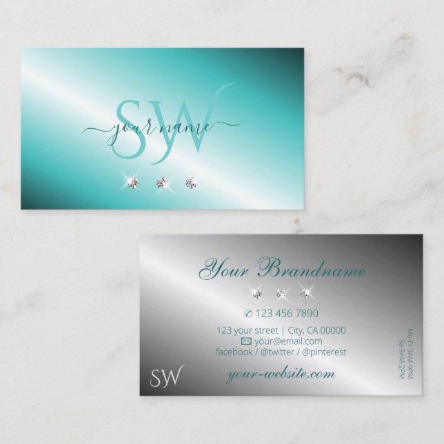 Stilfull Teal Silver Glittrande Diamanter Monogram Visitkort (Fram/baksida)