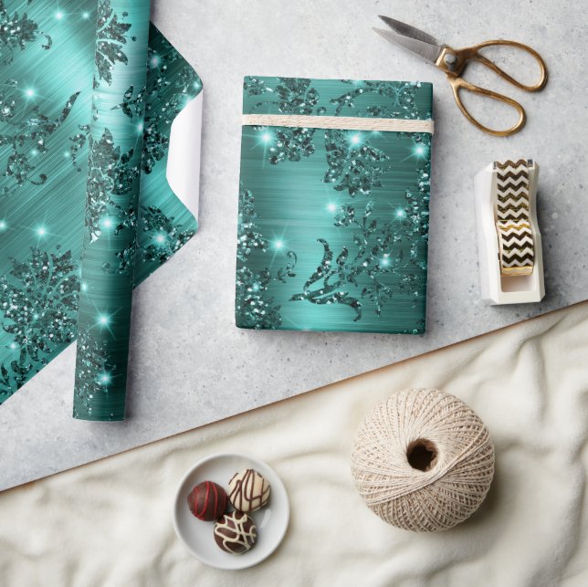 Stilfull tealskimrande glitter och folieblomma presentpapper (Hantverk)