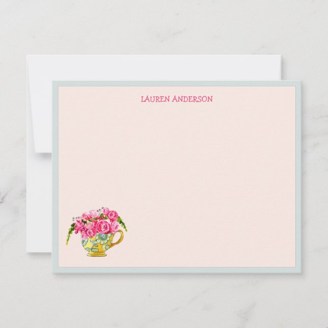 Stilfull tekopp med rosa rosor platt Tack så mycke Kort (Framsida)