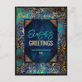 Stilfull turkos blomsterglitter jul nyår vykort