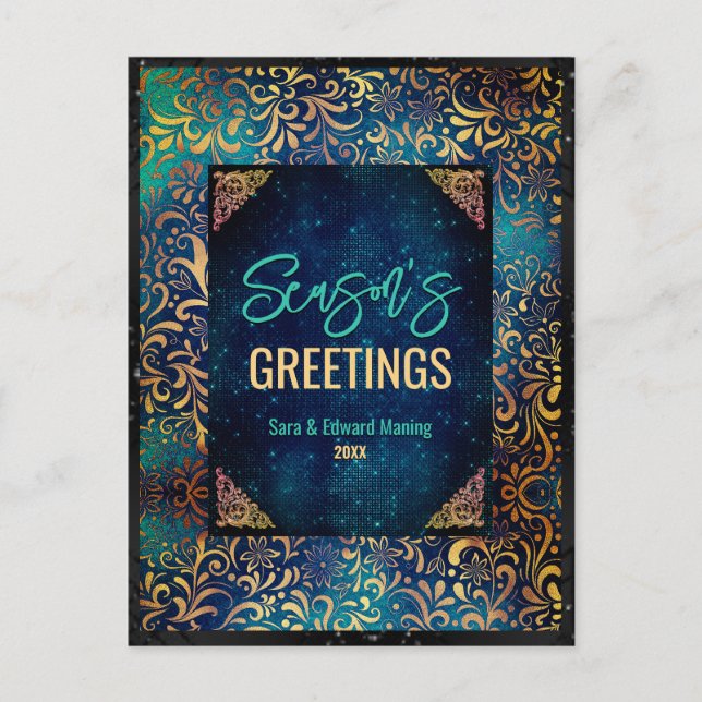 Stilfull turkos blomsterglitter jul nyår vykort (Framsida)