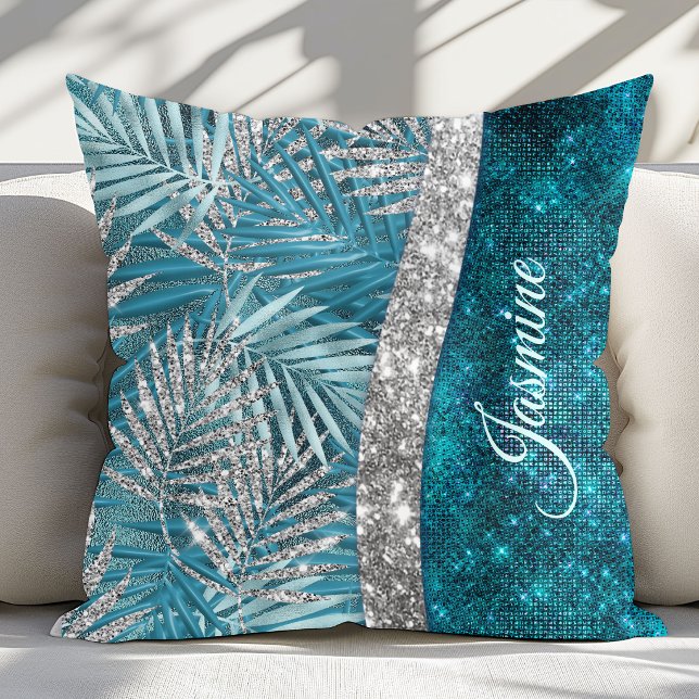 Stilfull turkos silver glitter blad monogram kudde (Skapare uppladdad)