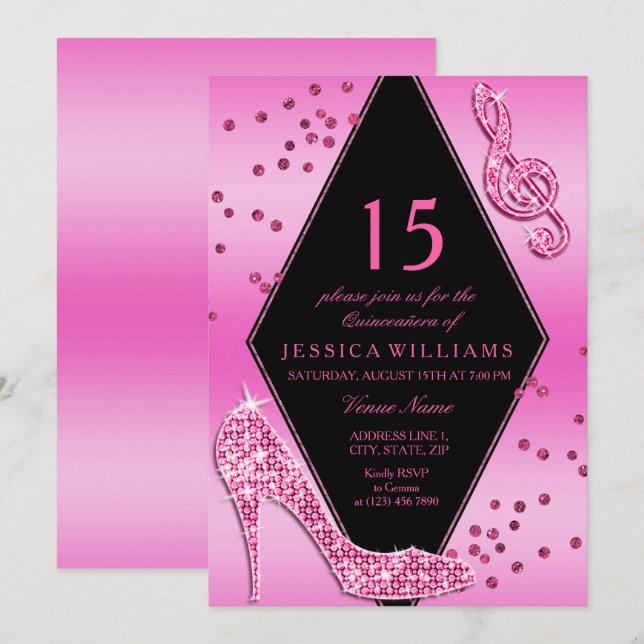 Stilfull vacker glittrig rosa Quinceañera Inbjudningar (Fram/baksida)