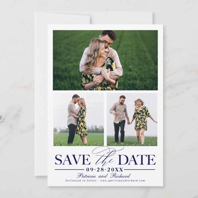 Stilfull Wedding Save The Date 3 Foto Collage Inbjudningar (Framsida)