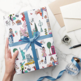 Stilfulla vita och flerfärgade shoppingflickor presentpapper