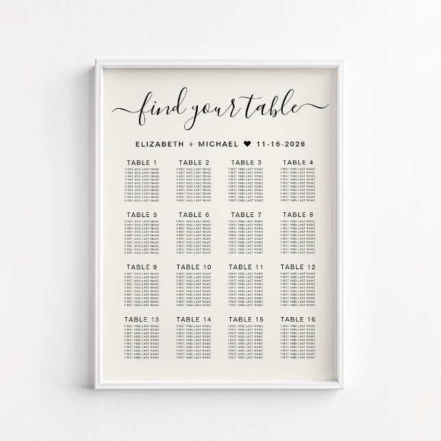 Stilfullt 16 bords krämfärgat bröllops sittplatssc poster (Skapare uppladdad)