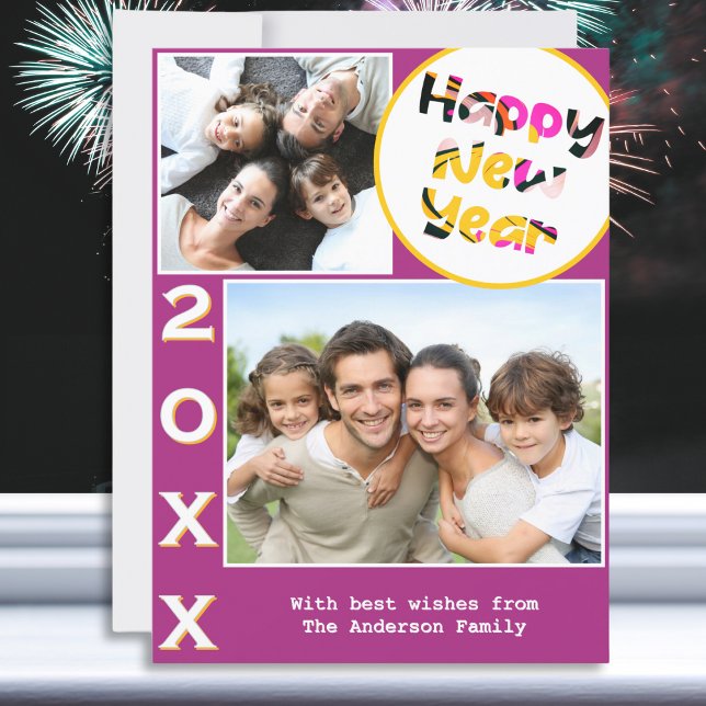 Stilfullt 2 bilder Rosa Gott Nytt År Julkort (A card with Happy New Year greeting, with custom photos, message and year number)