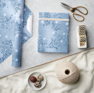 Stilfullt babyblått glitter och folieblommor presentpapper