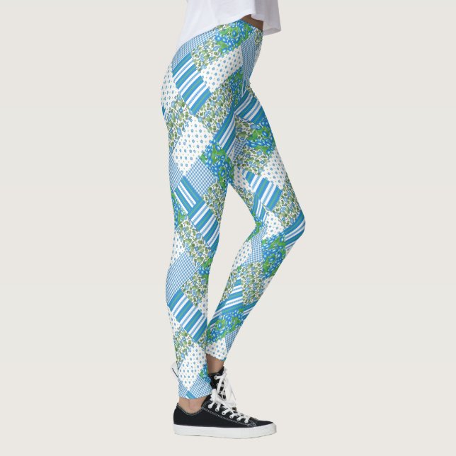 Stilfullt Blått Morning Glory Falskt Lappverksmöns Leggings (Höger)