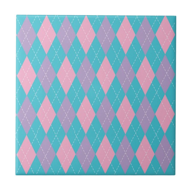 Stilfullt blått rosa lila argyle-mönster kakelplatta (Framsidan)