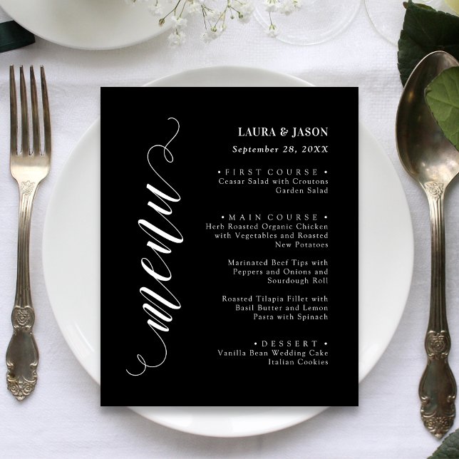 Stilfullt Fancy Script Bröllopsmeny Kort För Tallr (Stylish script wedding menu card adds elegant flair to each place setting.)