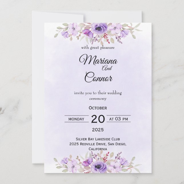 Stilfullt lila minimalistiskt blommande bröllop  inbjudningar (Framsida)
