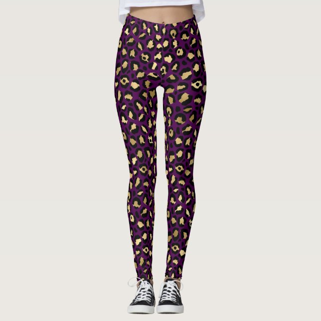 Stilfullt lila och guld folie leopardfläckar mönst leggings (Framsida)