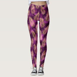 Stilfullt lila och guld tropiska djungelblad leggings