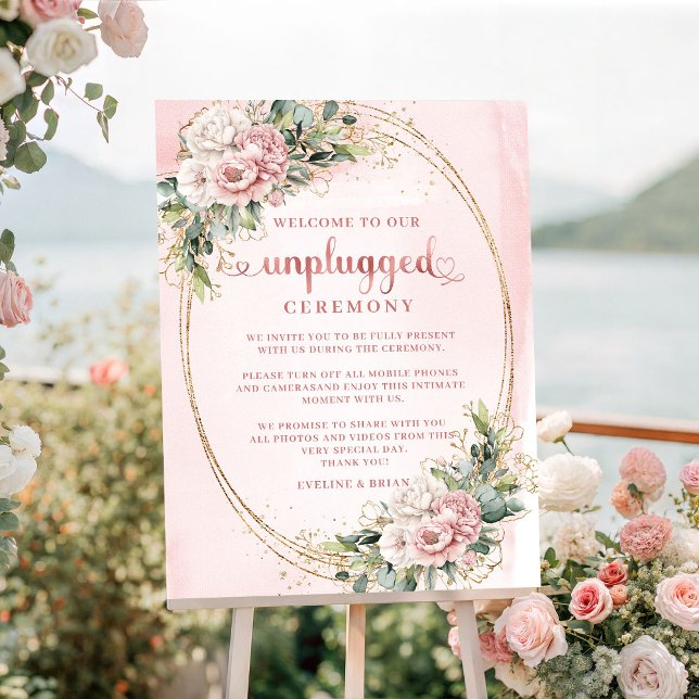 Stilfullt ljusrosa blommigt 'Unplugged'-ceremoni-s Poster (Stylish Light Pink Floral Unplugged Ceremony Sign

)