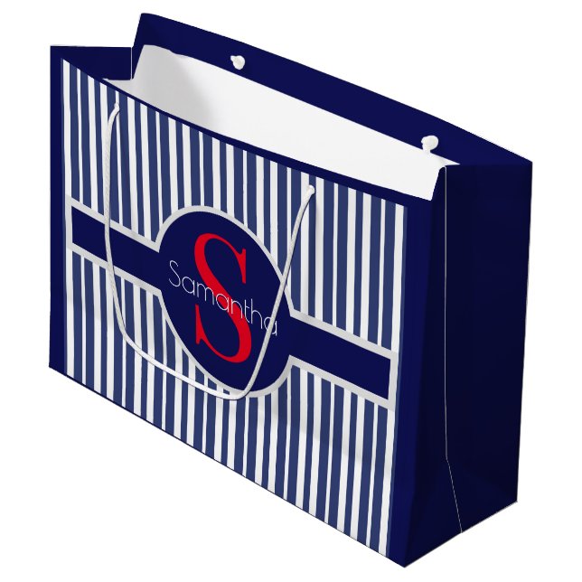 Stilfullt marinblått rött randigt initialmonogram (Framsidan Vinklad)
