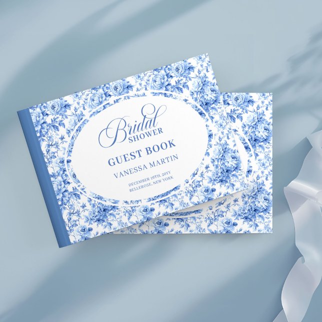 Stilfullt Marinblått Toalettryck med Rosor Bröllop Gästböcker (Stylish Navy Toile Roses Bridal Shower Guest Book

)