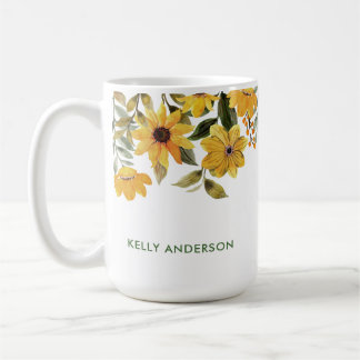 Stilfullt monogram gult akvarell blom- kaffemugg