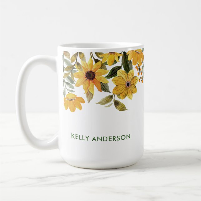 Stilfullt monogram gult akvarell blom- kaffemugg (Vänster)