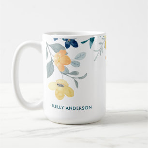 Stilfullt monogram gult & blått akvarell blom- kaffemugg