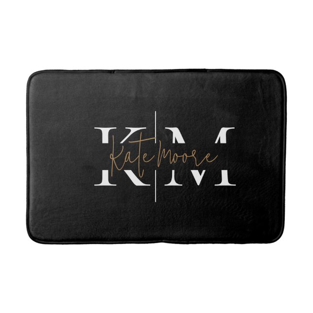 Stilfullt monogram svart guld skript elegant  badrumsmatta (Framsidan)