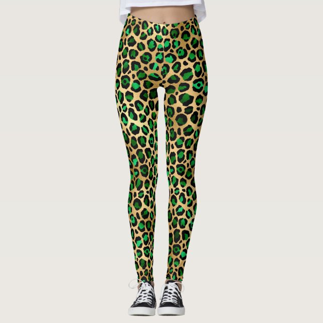 Stilfullt mörkgröna och guld folie leopardfläckar leggings (Framsida)