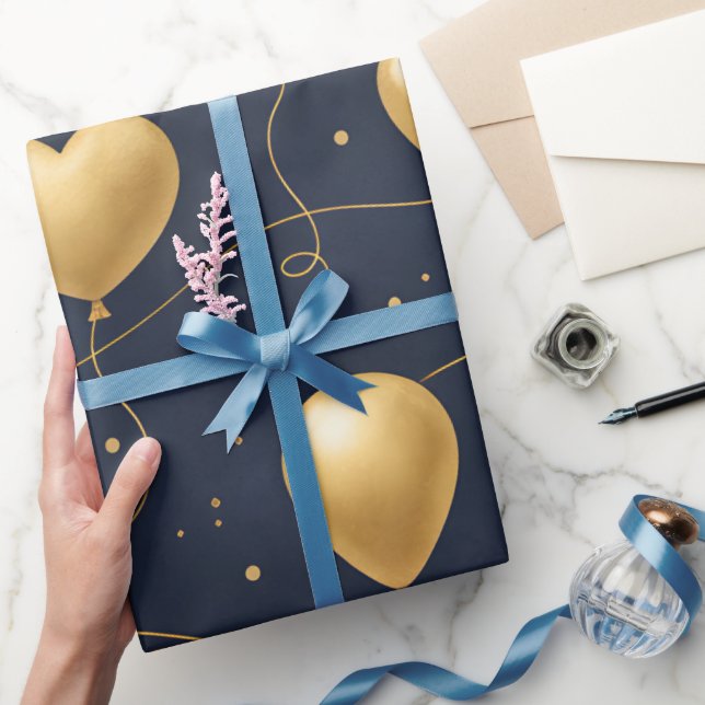 Stilfullt Navyblå & Guld Ballonger Födelsedag Presentpapper (Gifting)