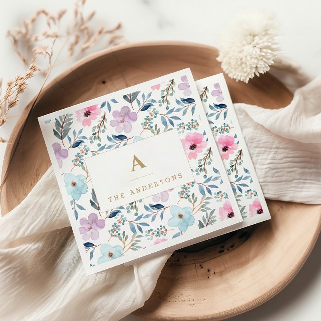 Stilfullt pastellblått vattenfärg blommor monogram pappersservett (Skapare uppladdad)