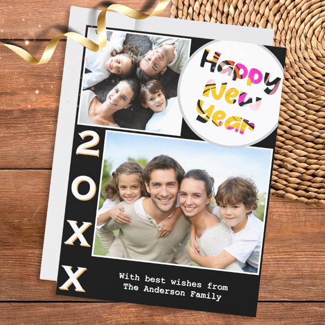 Stilfullt personligt nyårskort med 2 bilder julkort (A stylish card with 'Happy New Year' greeting, to personalize with 2 photos, year number and name(s))