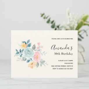 Stilfullt rosa & blått blomsterbukett - födelsedag inbjudningar