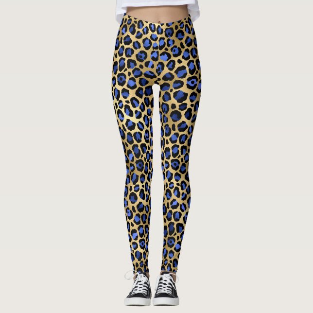 Stilfullt Royal Blått och Guld Folie Leopardfläcka Leggings (Framsida)